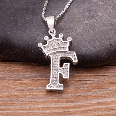 Luxurious Alphabetical Crown Style Iced Out Pendants Silver