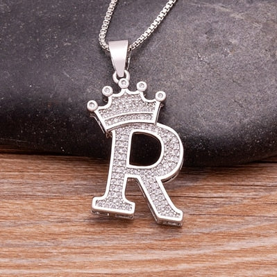 Luxurious Alphabetical Crown Style Iced Out Pendants Silver