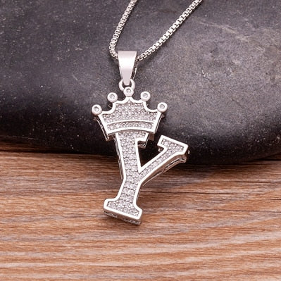 Luxurious Alphabetical Crown Style Iced Out Pendants Silver