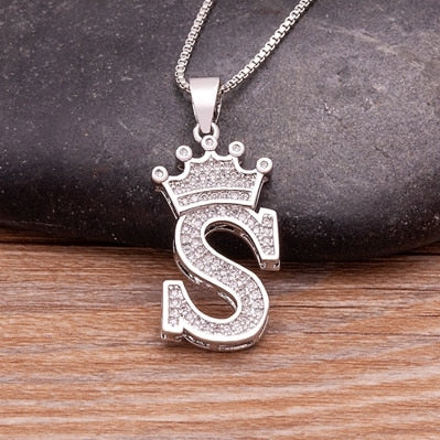 Luxurious Alphabetical Crown Style Iced Out Pendants Silver