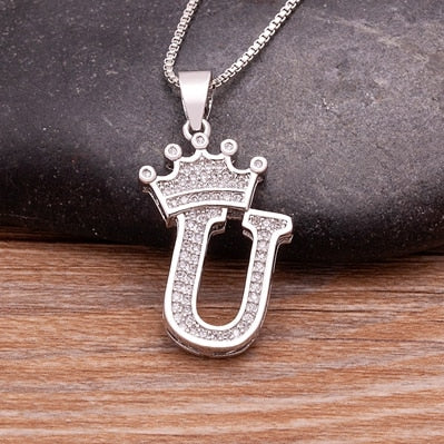 Luxurious Alphabetical Crown Style Iced Out Pendants Silver