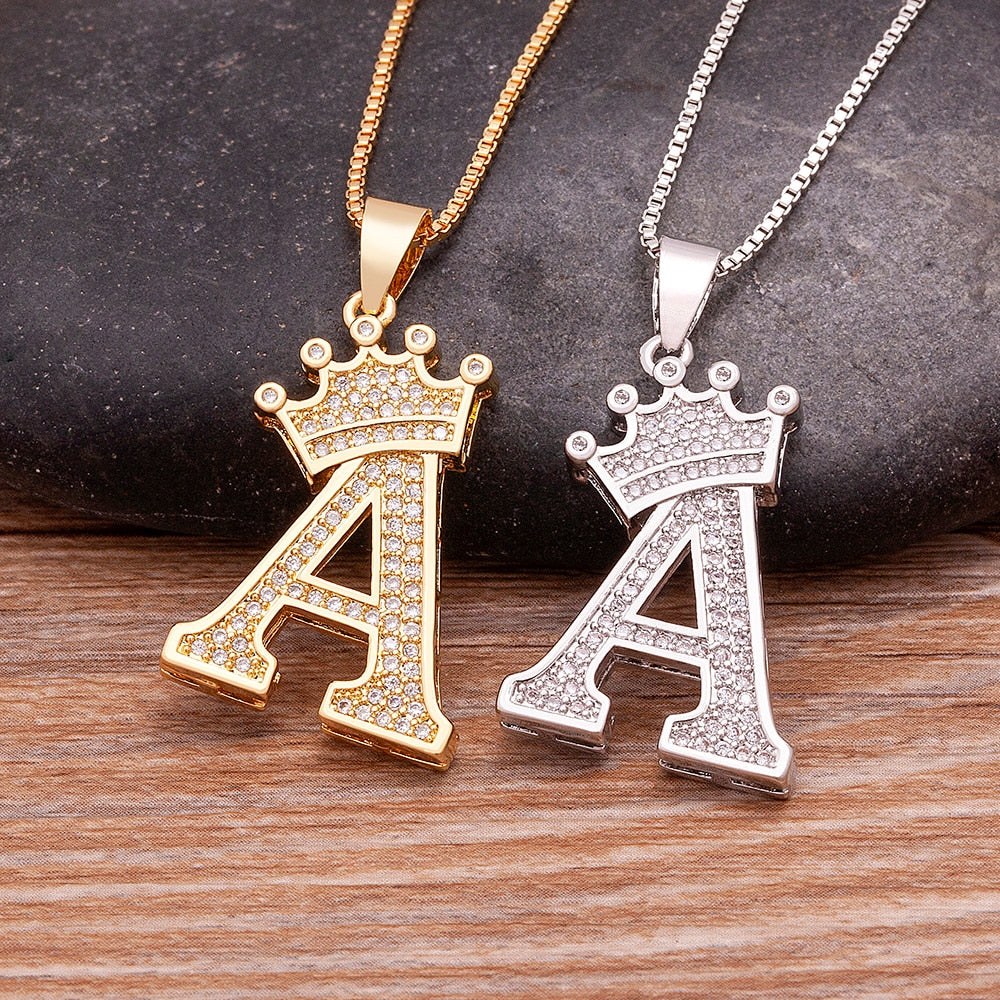 Luxurious Alphabetical Crown Style Iced Out Pendants Silver