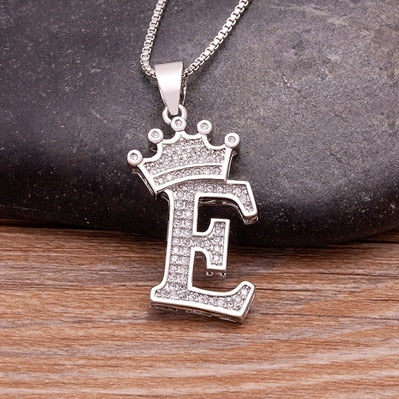 Luxurious Alphabetical Crown Style Iced Out Pendants Silver