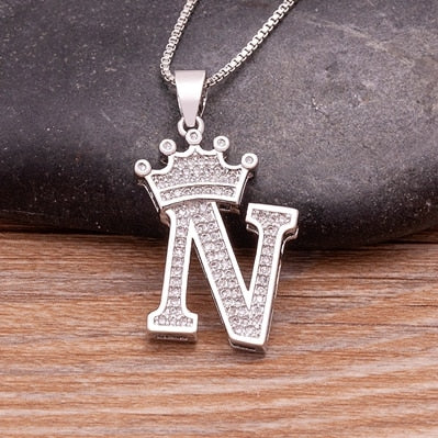 Luxurious Alphabetical Crown Style Iced Out Pendants Silver