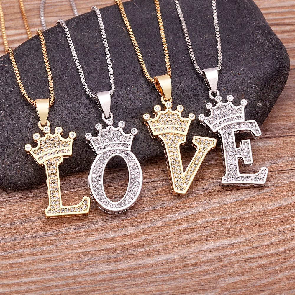 Luxurious Alphabetical Crown Style Iced Out Pendants Silver