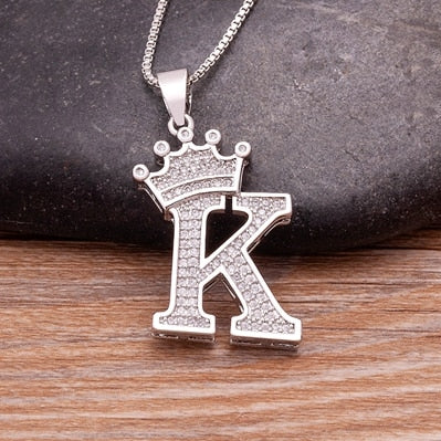 Luxurious Alphabetical Crown Style Iced Out Pendants Silver