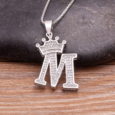 Luxurious Alphabetical Crown Style Iced Out Pendants Silver