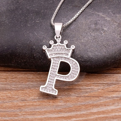 Luxurious Alphabetical Crown Style Iced Out Pendants Silver