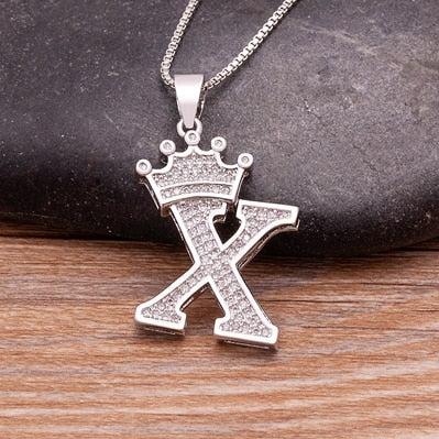 Luxurious Alphabetical Crown Style Iced Out Pendants Silver