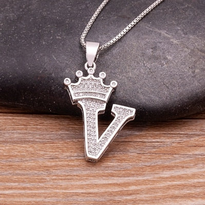 Luxurious Alphabetical Crown Style Iced Out Pendants Silver