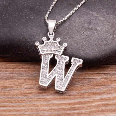 Luxurious Alphabetical Crown Style Iced Out Pendants Silver