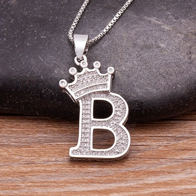 Luxurious Alphabetical Crown Style Iced Out Pendants Silver