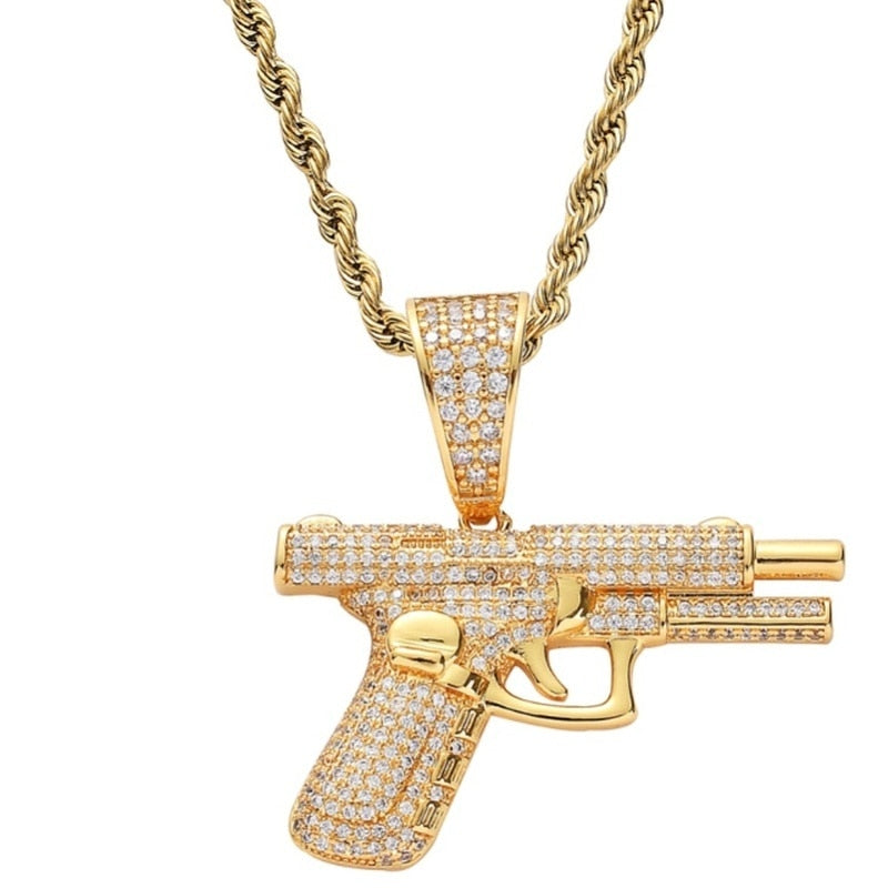 Iced Out Rhinestone Pistol Pendants Rebel & Chain