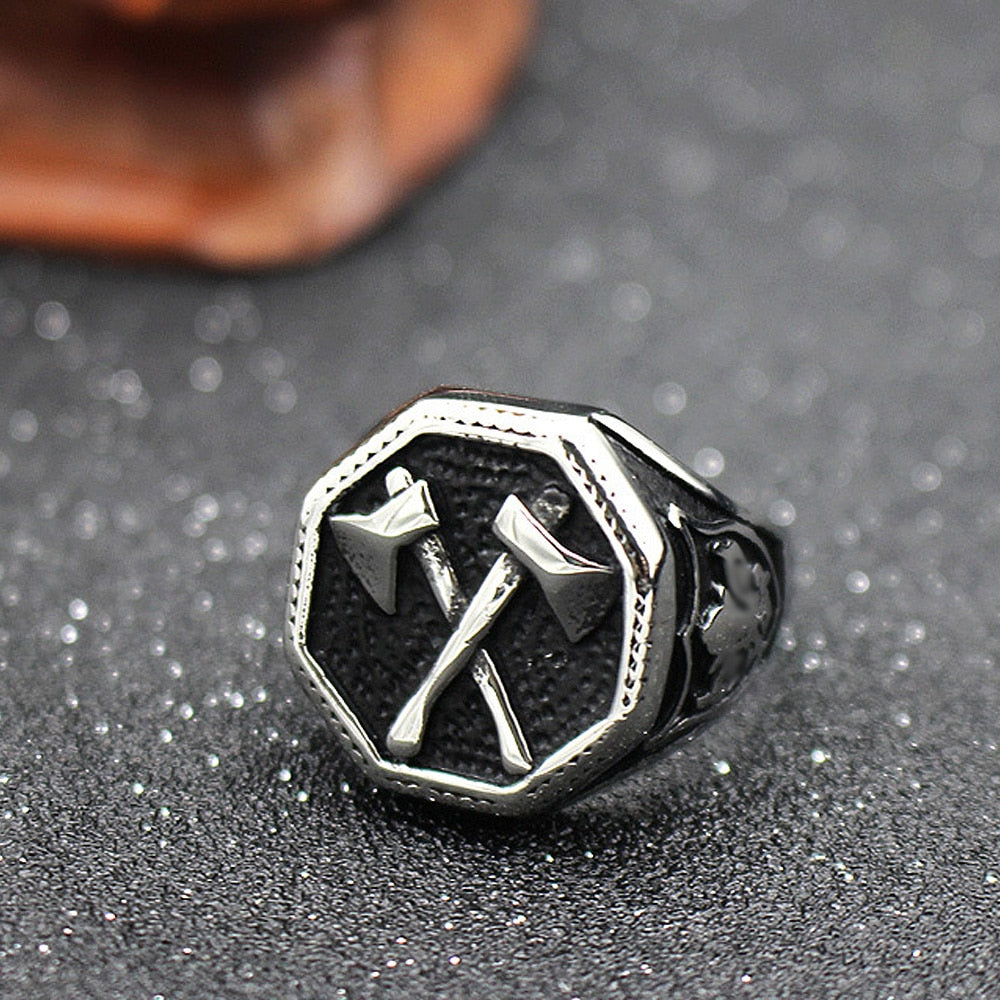 Vintage Viking Warrior Cross Double Axe Ring Rebel & Chain