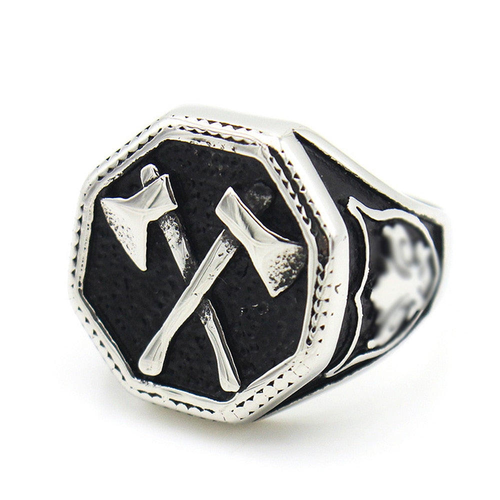 Vintage Viking Warrior Cross Double Axe Ring Rebel & Chain